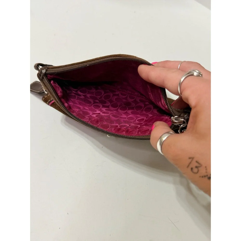 Vintage Coach Brown Suede Pink Trim Turnlock Wristlet Pouch Wallet Bag
